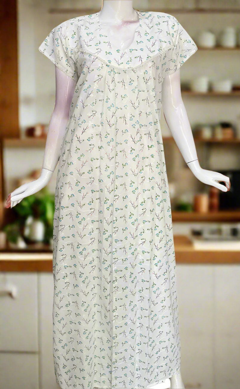 Off White/Sky Blue Floral Boutique Cotton Nighty . Pure Durable Cotton | Laces and Frills