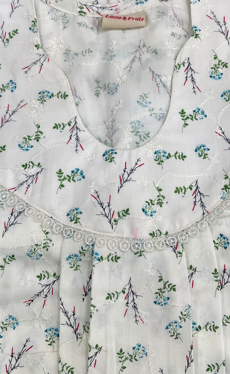 Off White/Sky Blue Floral Boutique Cotton Nighty . Pure Durable Cotton | Laces and Frills