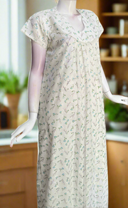 Off White/Sky Blue Floral Boutique Cotton Nighty . Pure Durable Cotton | Laces and Frills