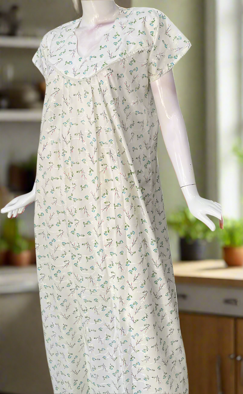 Off White/Sky Blue Floral Boutique Cotton Nighty . Pure Durable Cotton | Laces and Frills