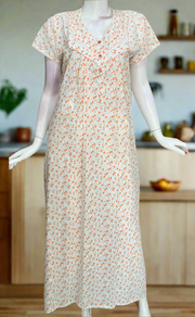 Off White/Orange Floral Boutique Cotton Nighty . Pure Durable Cotton | Laces and Frills