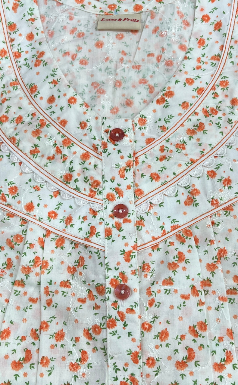 Off White/Orange Floral Boutique Cotton Nighty . Pure Durable Cotton | Laces and Frills