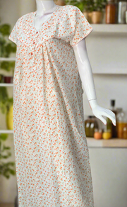 Off White/Orange Floral Boutique Cotton Nighty . Pure Durable Cotton | Laces and Frills