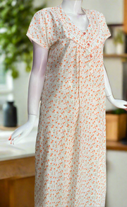Off White/Orange Floral Boutique Cotton Nighty . Pure Durable Cotton | Laces and Frills