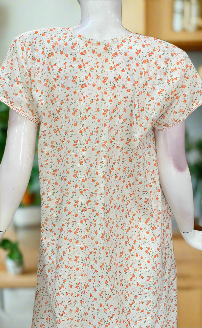 Off White/Orange Floral Boutique Cotton Nighty . Pure Durable Cotton | Laces and Frills