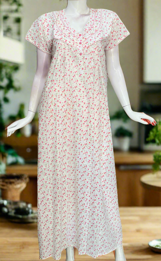 Off White/Pink Floral Boutique Cotton Nighty . Pure Durable Cotton | Laces and Frills