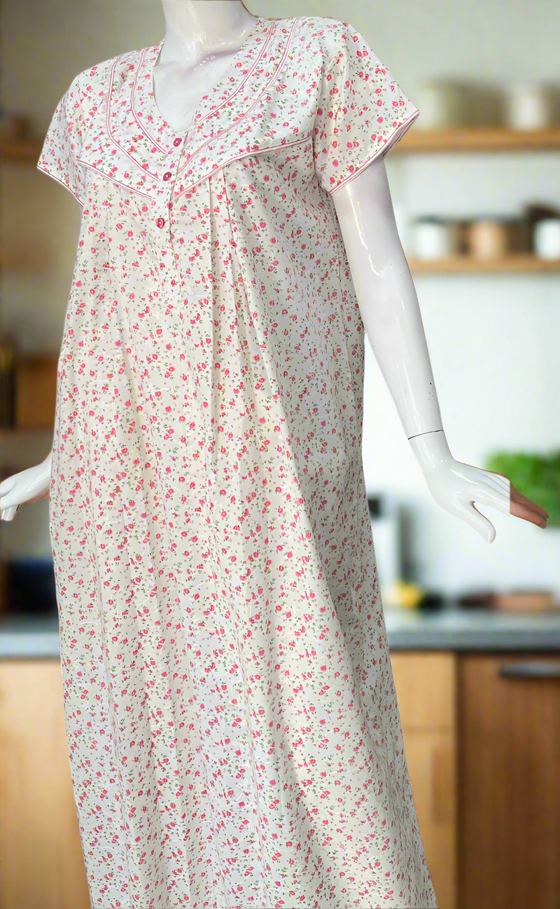 Off White/Pink Floral Boutique Cotton Nighty . Pure Durable Cotton | Laces and Frills