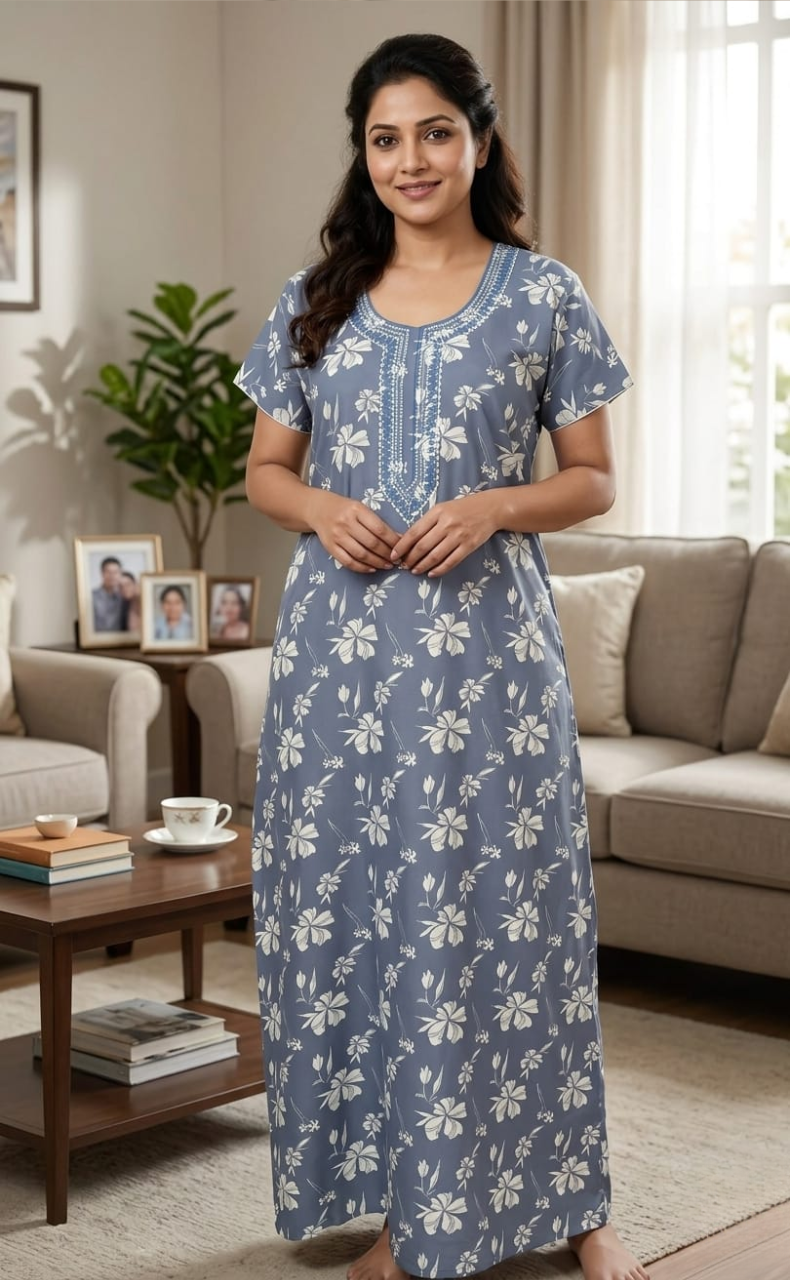 Blue Floral Spun Nighty. Flowy Spun Fabric | Laces and Frills