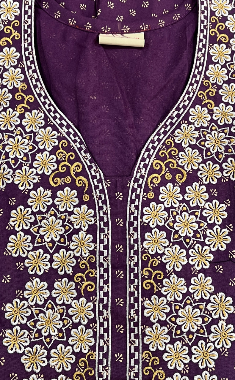 Purple/Yellow Embroidery Spun Nighty. Flowy Spun Fabric | Laces and Frills