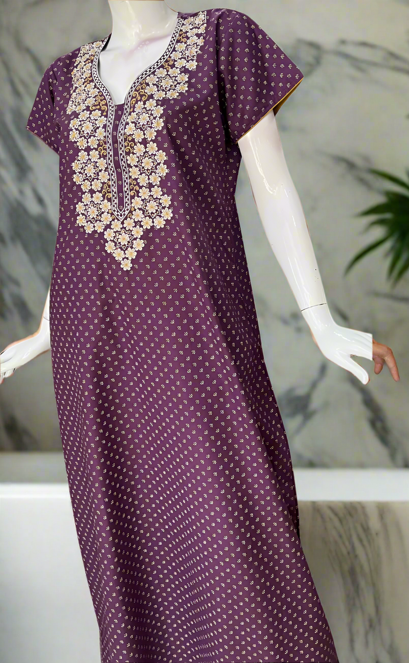 Purple/Yellow Embroidery Spun Nighty. Flowy Spun Fabric | Laces and Frills