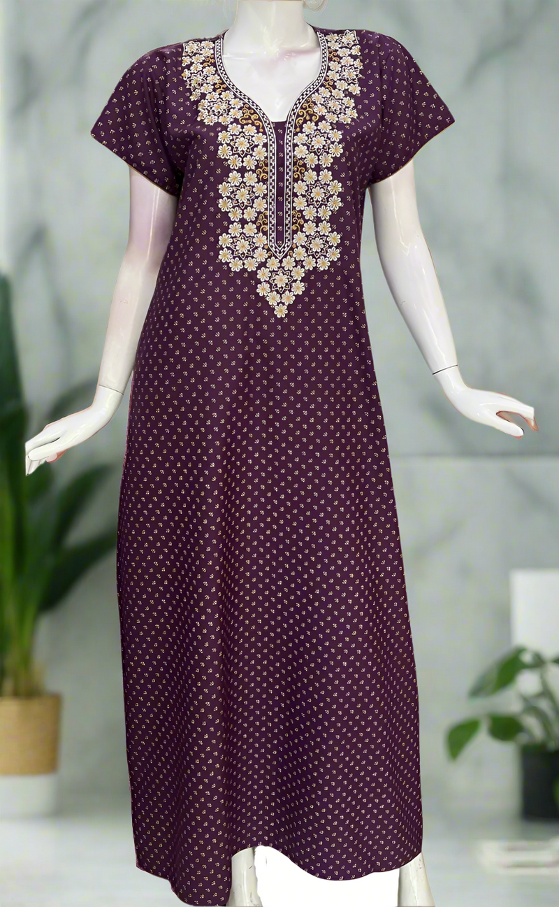 Purple/Yellow Embroidery Spun Nighty. Flowy Spun Fabric | Laces and Frills