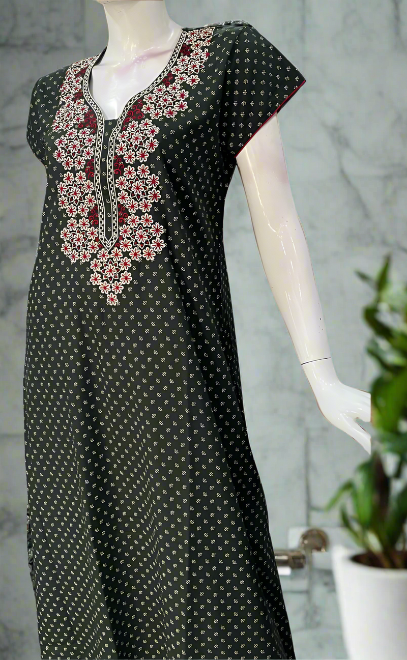 Bottle Green/Maroon Embroidery Spun Nighty. Flowy Spun Fabric | Laces and Frills