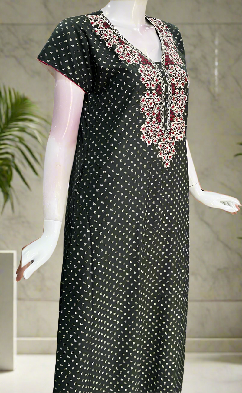 Bottle Green/Maroon Embroidery Spun Nighty. Flowy Spun Fabric | Laces and Frills