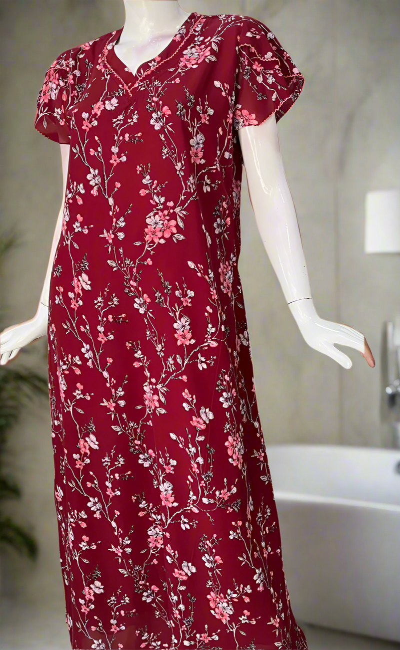 Maroon Floral Chiffon Nighty. Delicate Chiffon | Laces and Frills