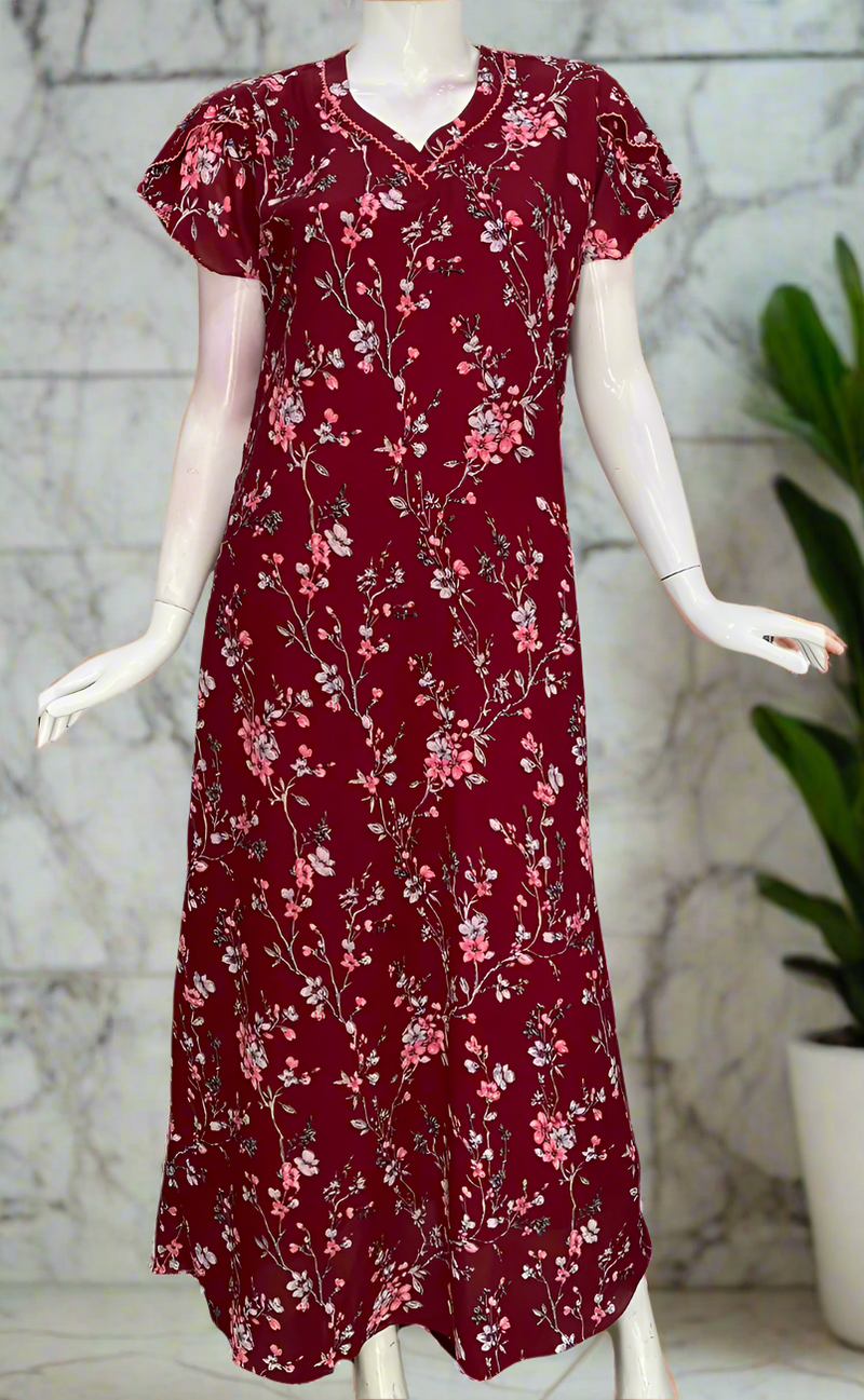 Maroon Floral Chiffon Nighty. Delicate Chiffon | Laces and Frills