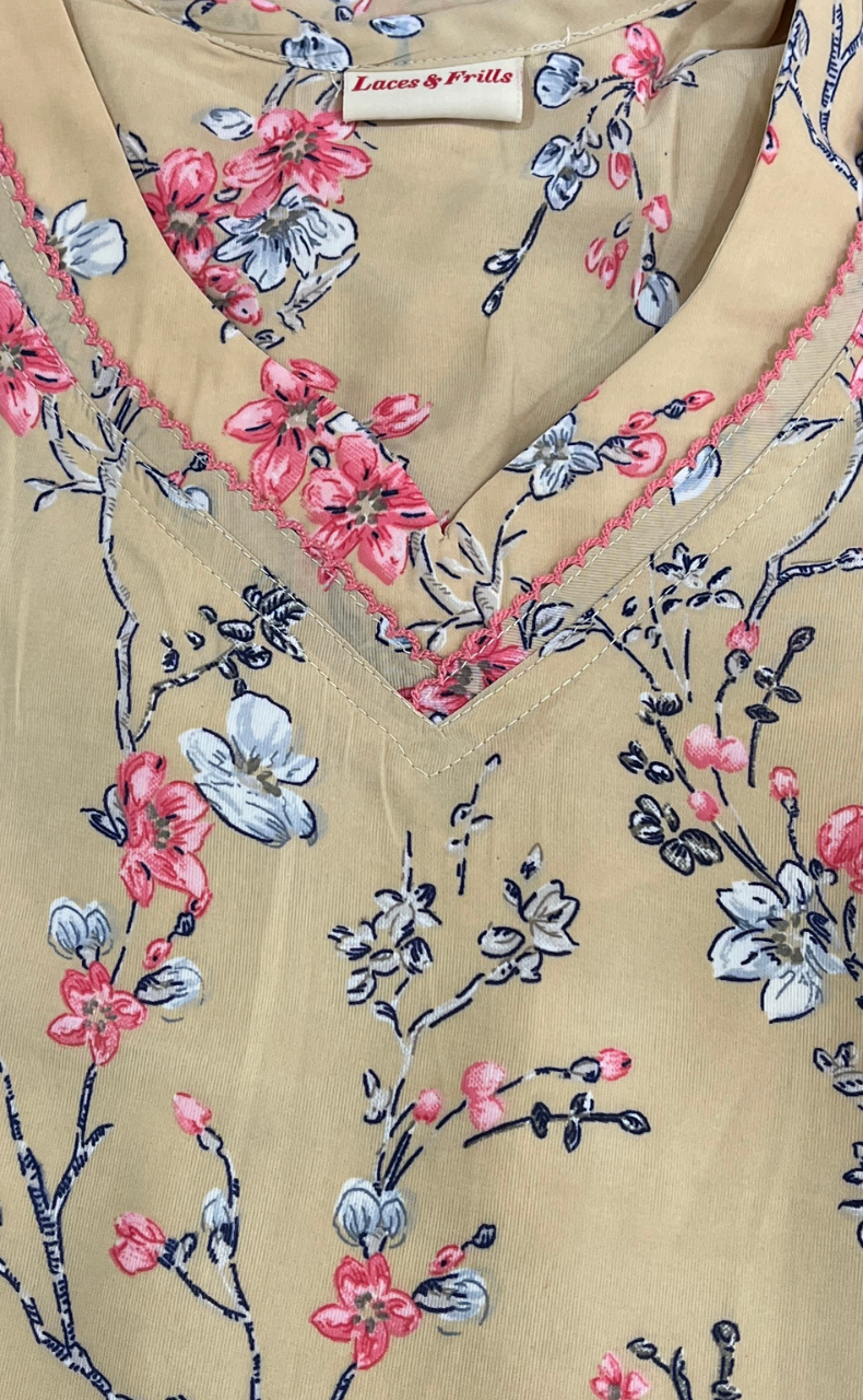 Beige Floral Chiffon Nighty. Delicate Chiffon | Laces and Frills