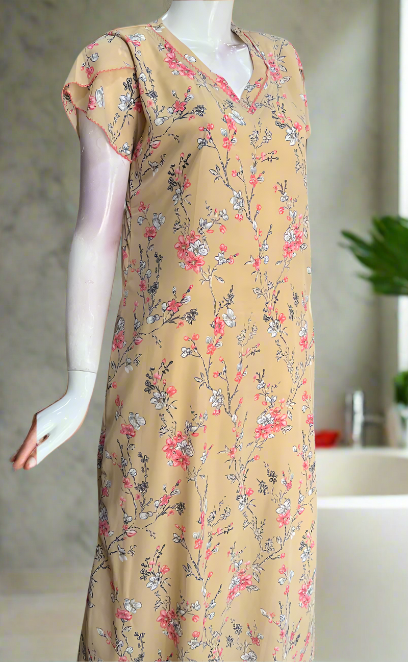 Beige Floral Chiffon Nighty. Delicate Chiffon | Laces and Frills