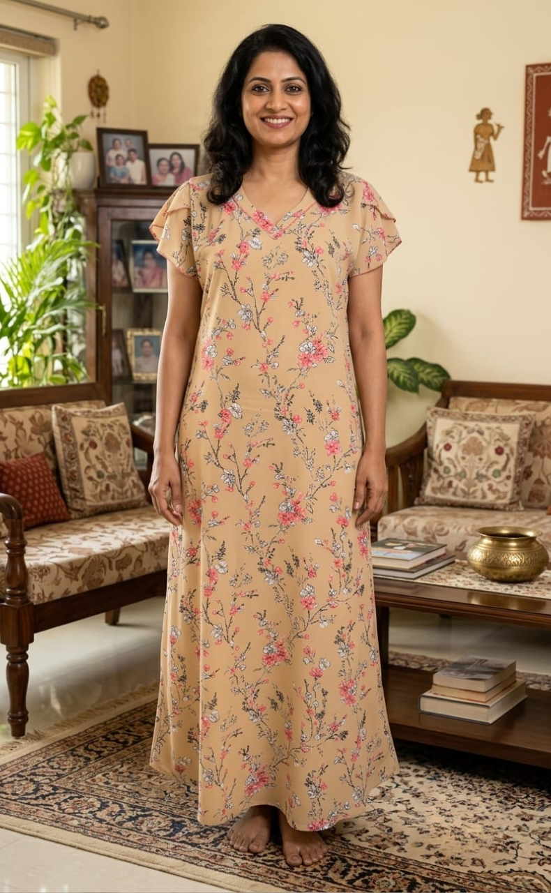 Beige Floral Chiffon Nighty. Delicate Chiffon | Laces and Frills