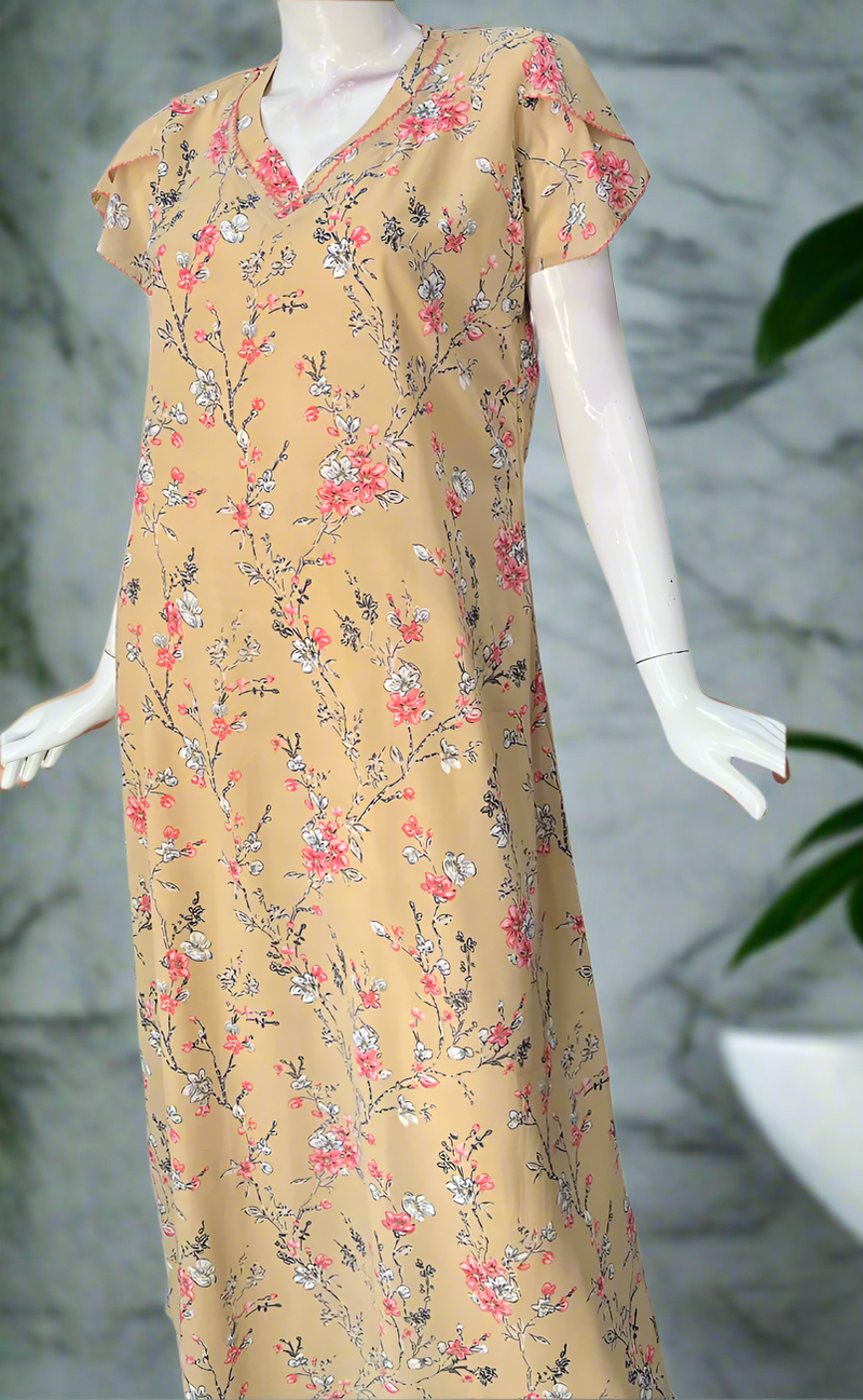 Beige Floral Chiffon Nighty. Delicate Chiffon | Laces and Frills