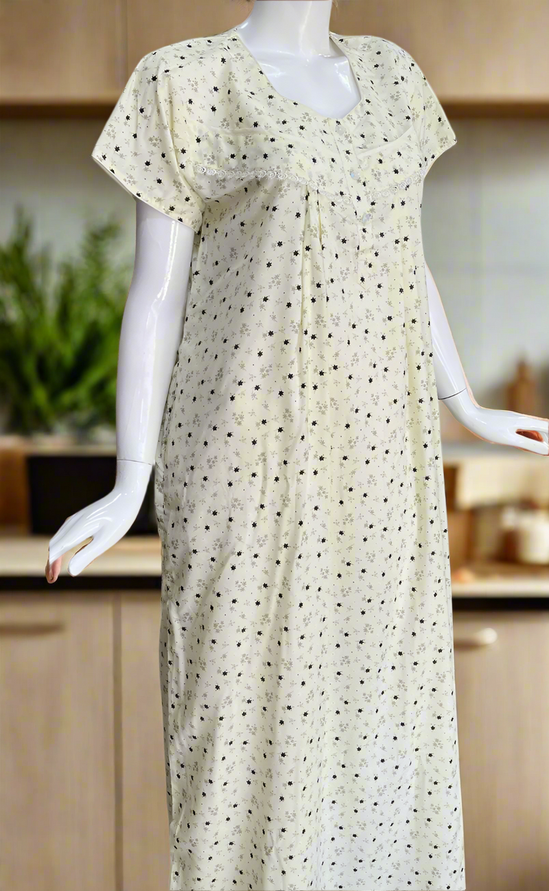 Light Yellow Tiny Floral Boutique Cotton Nighty . Pure Durable Cotton | Laces and Frills