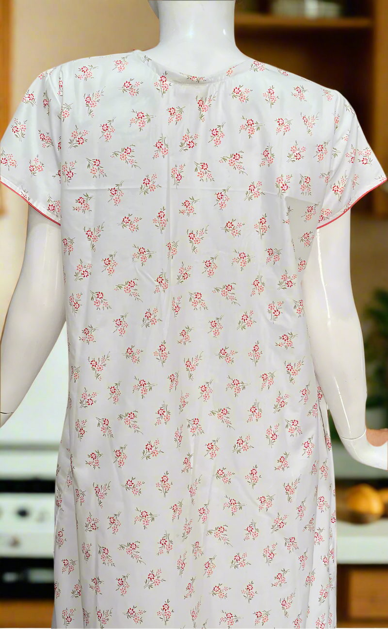 White/Red Floral Boutique Cotton Nighty . Pure Durable Cotton | Laces and Frills