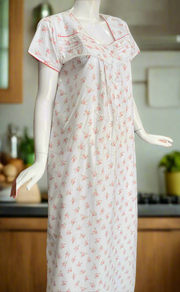 White/Red Floral Boutique Cotton Nighty . Pure Durable Cotton | Laces and Frills