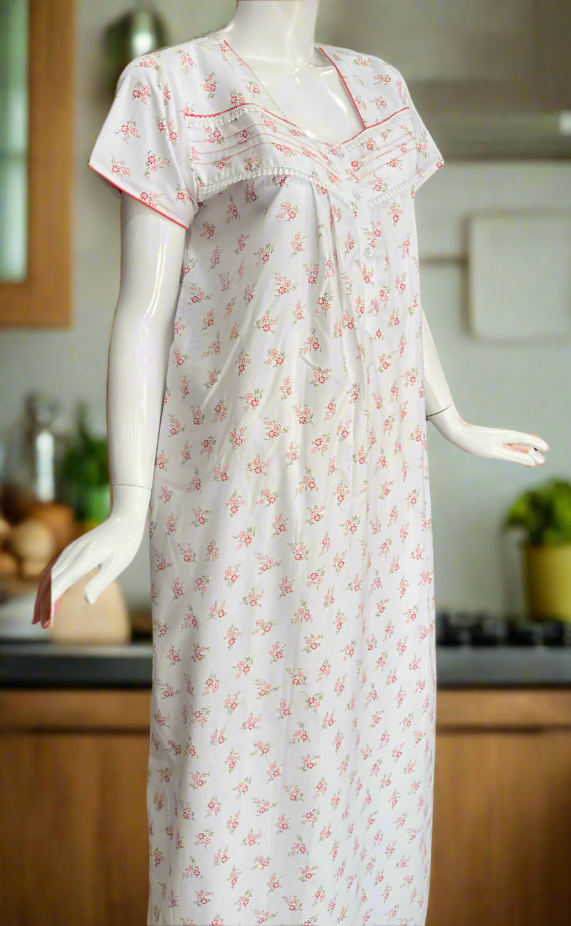 White/Red Floral Boutique Cotton Nighty . Pure Durable Cotton | Laces and Frills