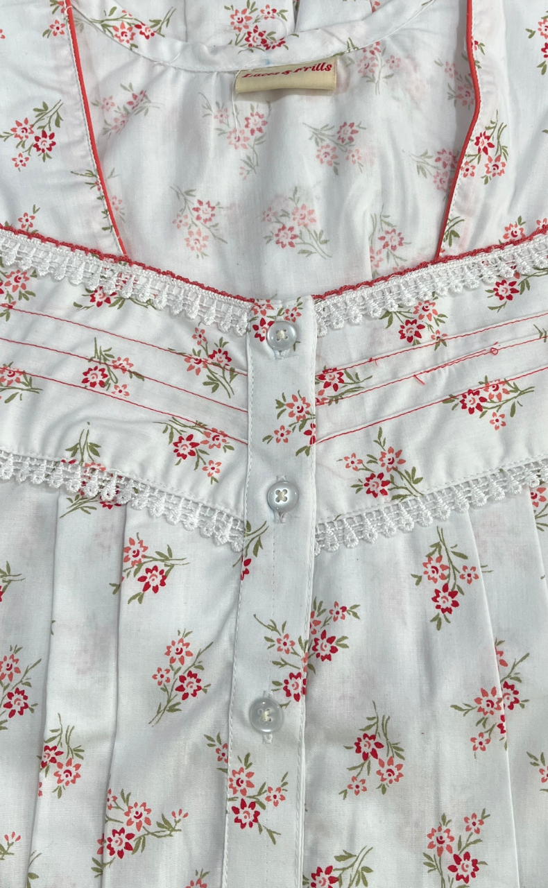 White/Red Floral Boutique Cotton Nighty . Pure Durable Cotton | Laces and Frills