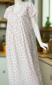 White/Red Floral Boutique Cotton Nighty . Pure Durable Cotton | Laces and Frills