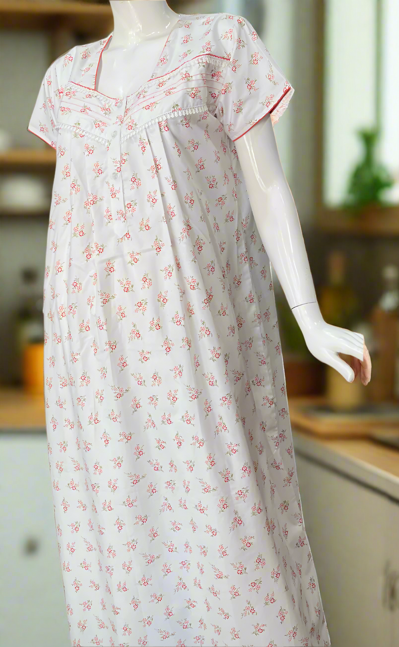 White/Red Floral Boutique Cotton Nighty . Pure Durable Cotton | Laces and Frills