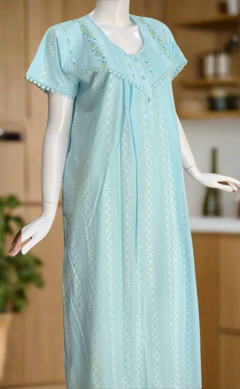 Light Blue Dots Pure Cotton Nighty. Pure Durable Cotton | Laces and Frills