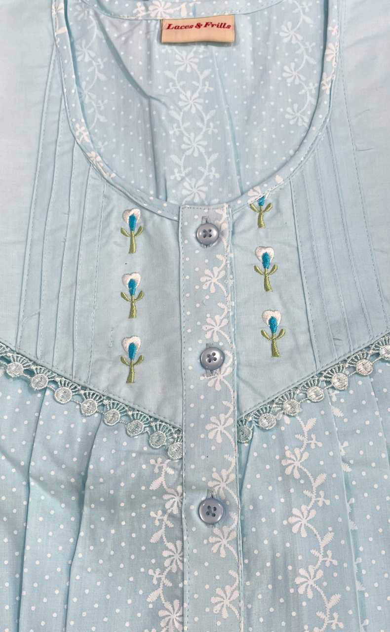 Light Blue Dots Pure Cotton Nighty. Pure Durable Cotton | Laces and Frills