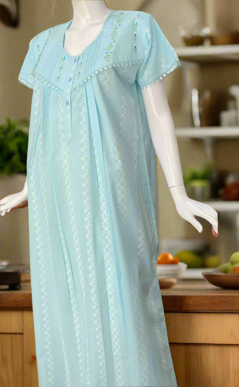 Light Blue Dots Pure Cotton Nighty. Pure Durable Cotton | Laces and Frills
