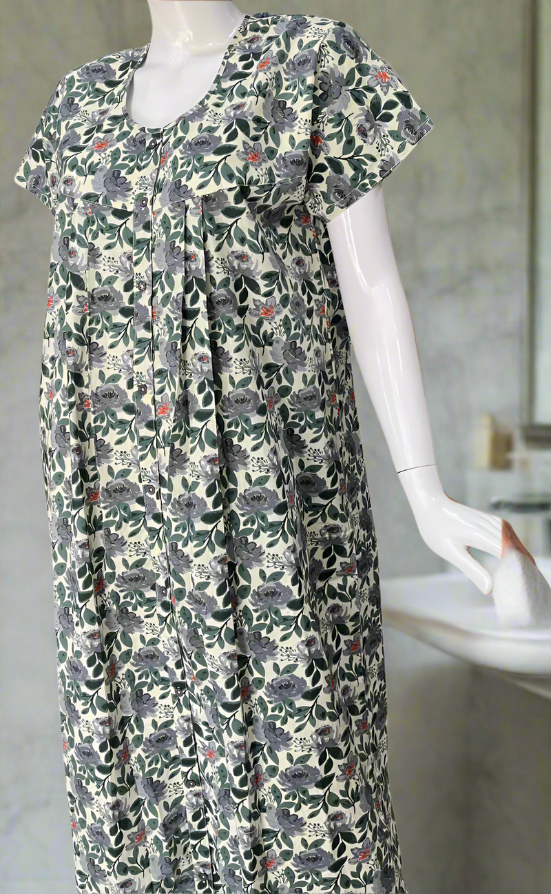 Off White/Grey Garden Full Open Pure Cotton Nighty. Pure Durable Cotton | Laces and Frills