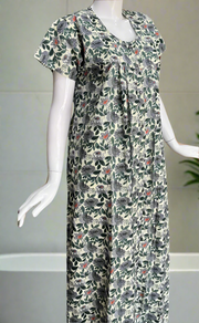 Off White/Grey Garden Full Open Pure Cotton Nighty. Pure Durable Cotton | Laces and Frills