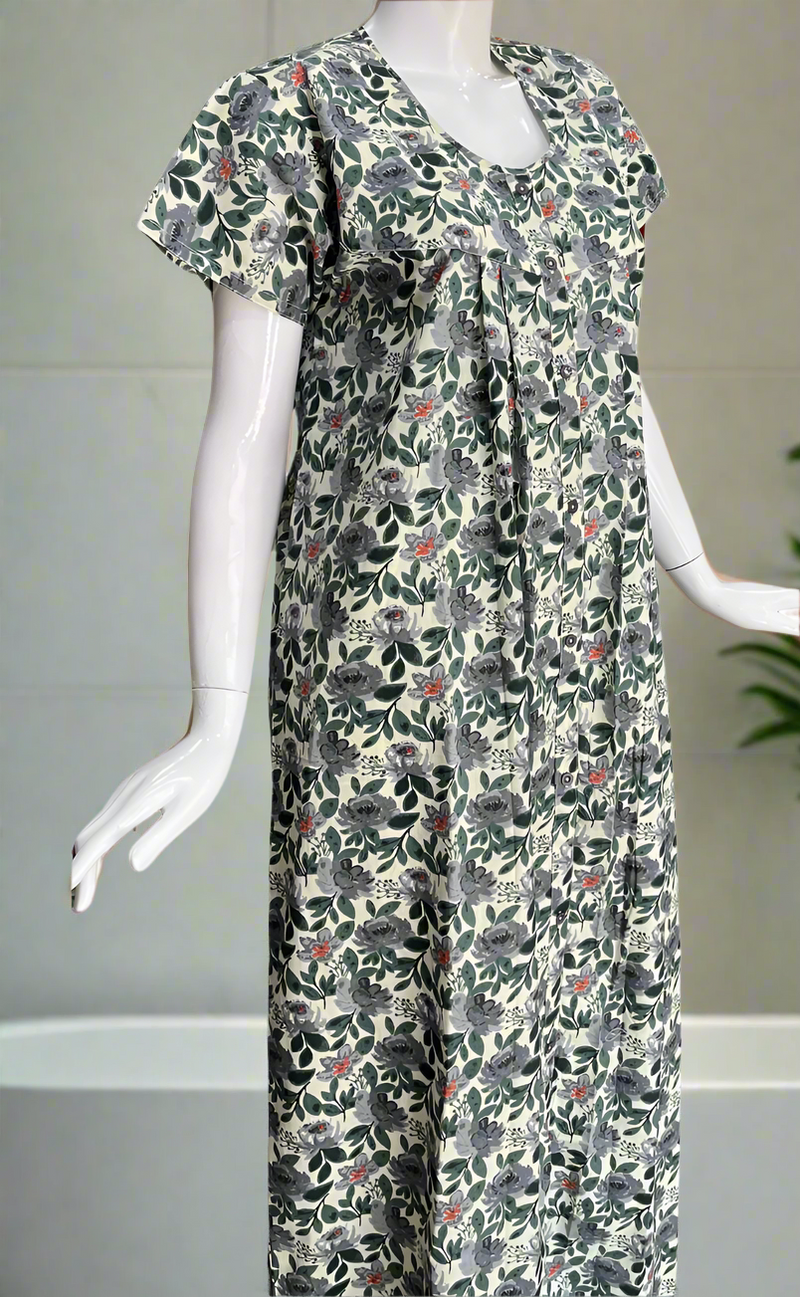 Off White/Grey Garden Full Open Pure Cotton Nighty. Pure Durable Cotton | Laces and Frills