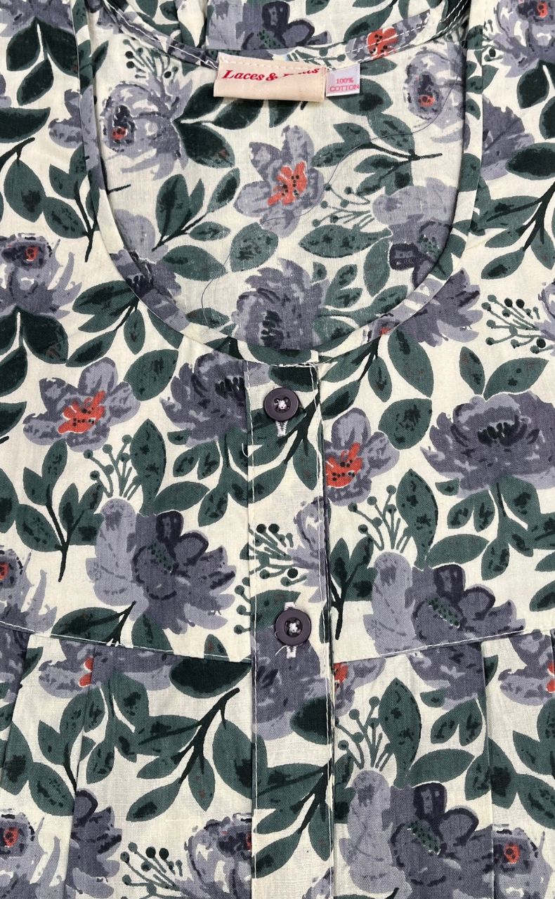 Off White/Grey Garden Full Open Pure Cotton Nighty. Pure Durable Cotton | Laces and Frills