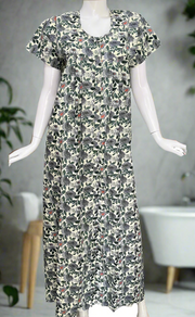 Off White/Grey Garden Full Open Pure Cotton Nighty. Pure Durable Cotton | Laces and Frills
