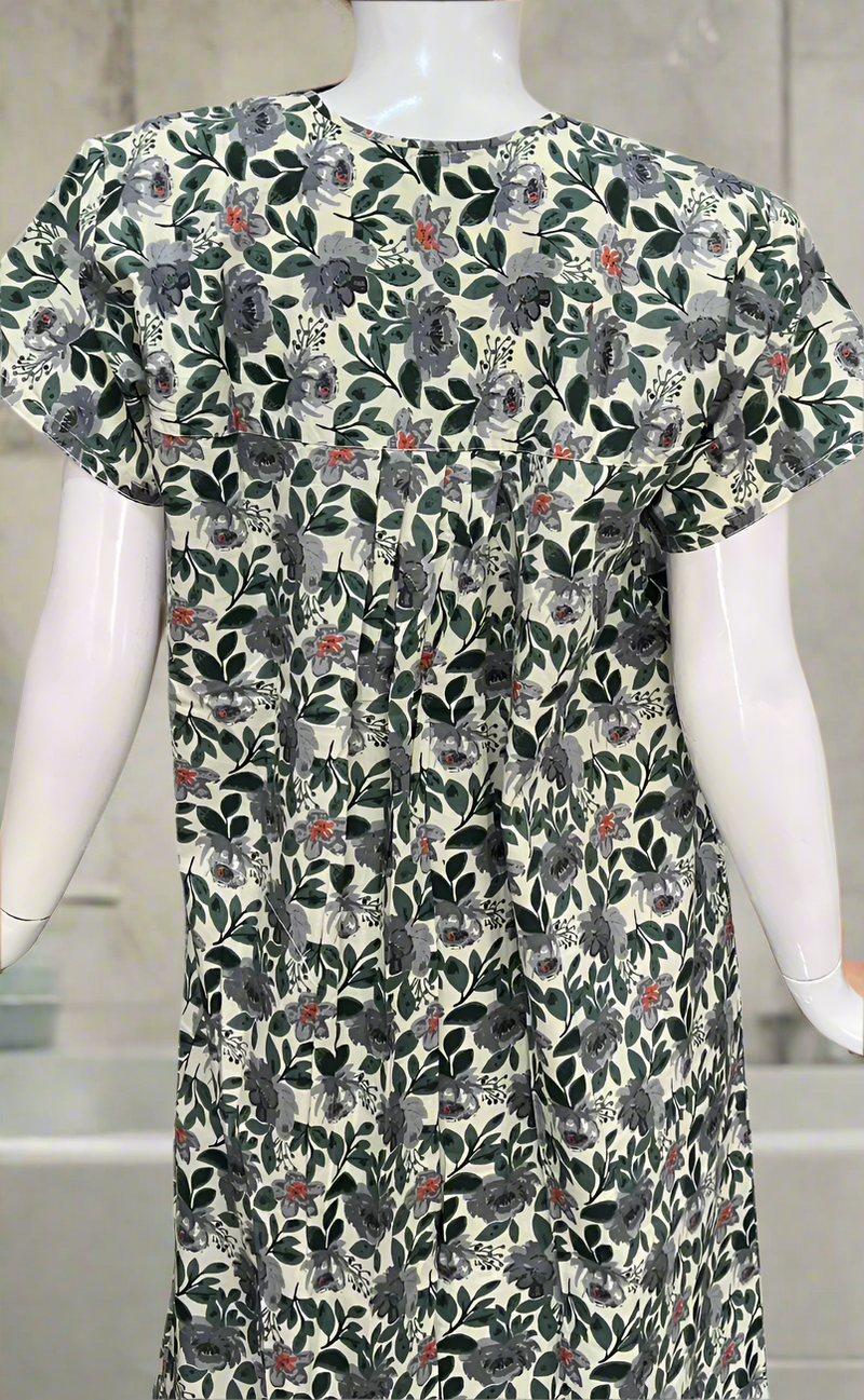 Off White/Grey Garden Full Open Pure Cotton Nighty. Pure Durable Cotton | Laces and Frills