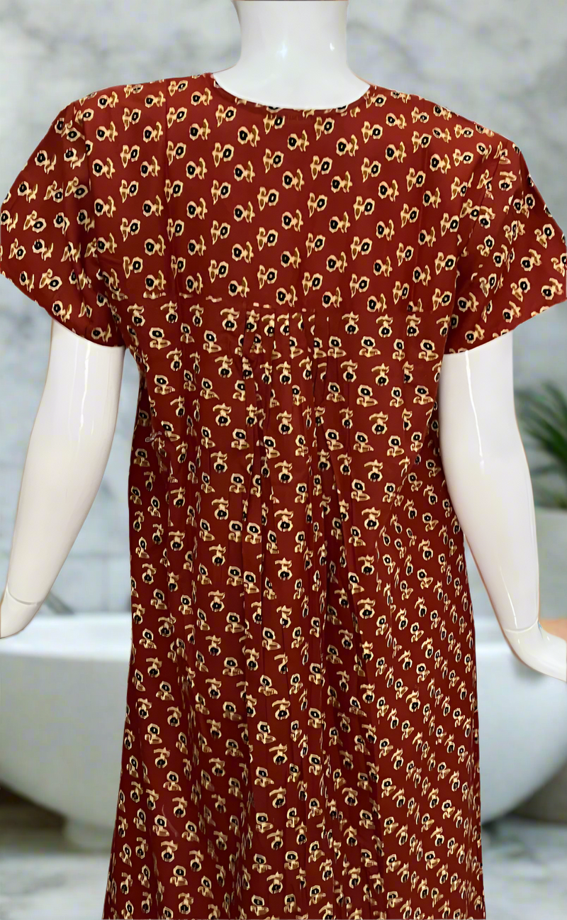 Maroon Tiny Flora Full Open Pure Cotton Nighty. Pure Cotton | Laces and Frills