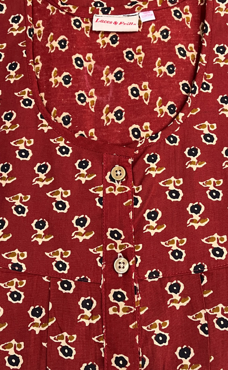 Maroon Tiny Flora Full Open Pure Cotton Nighty. Pure Cotton | Laces and Frills