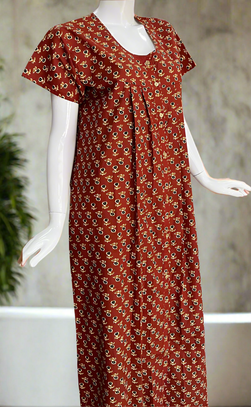 Maroon Tiny Flora Full Open Pure Cotton Nighty. Pure Cotton | Laces and Frills