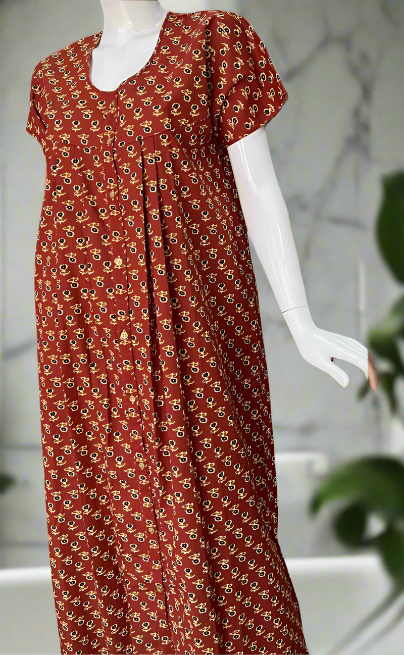 Maroon Tiny Flora Full Open Pure Cotton Nighty. Pure Cotton | Laces and Frills