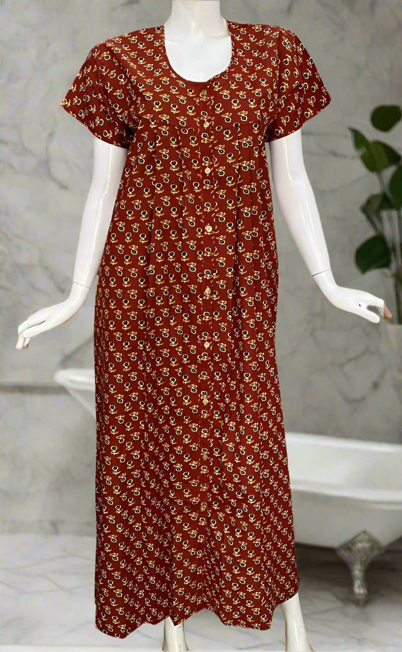 Maroon Tiny Flora Full Open Pure Cotton Nighty. Pure Cotton | Laces and Frills