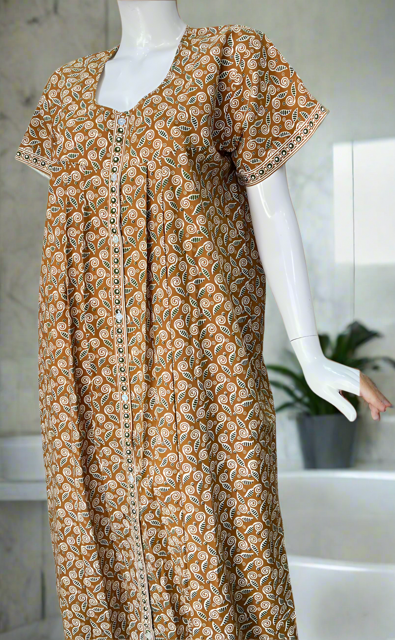 Mustard Jaipura Full Open Pure Cotton Nighty. Pure Cotton | Laces and Frills