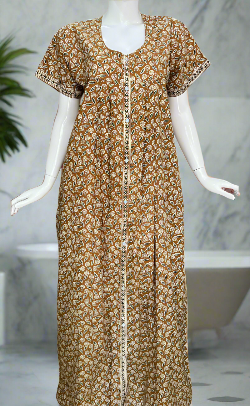 Mustard Jaipura Full Open Pure Cotton Nighty. Pure Cotton | Laces and Frills