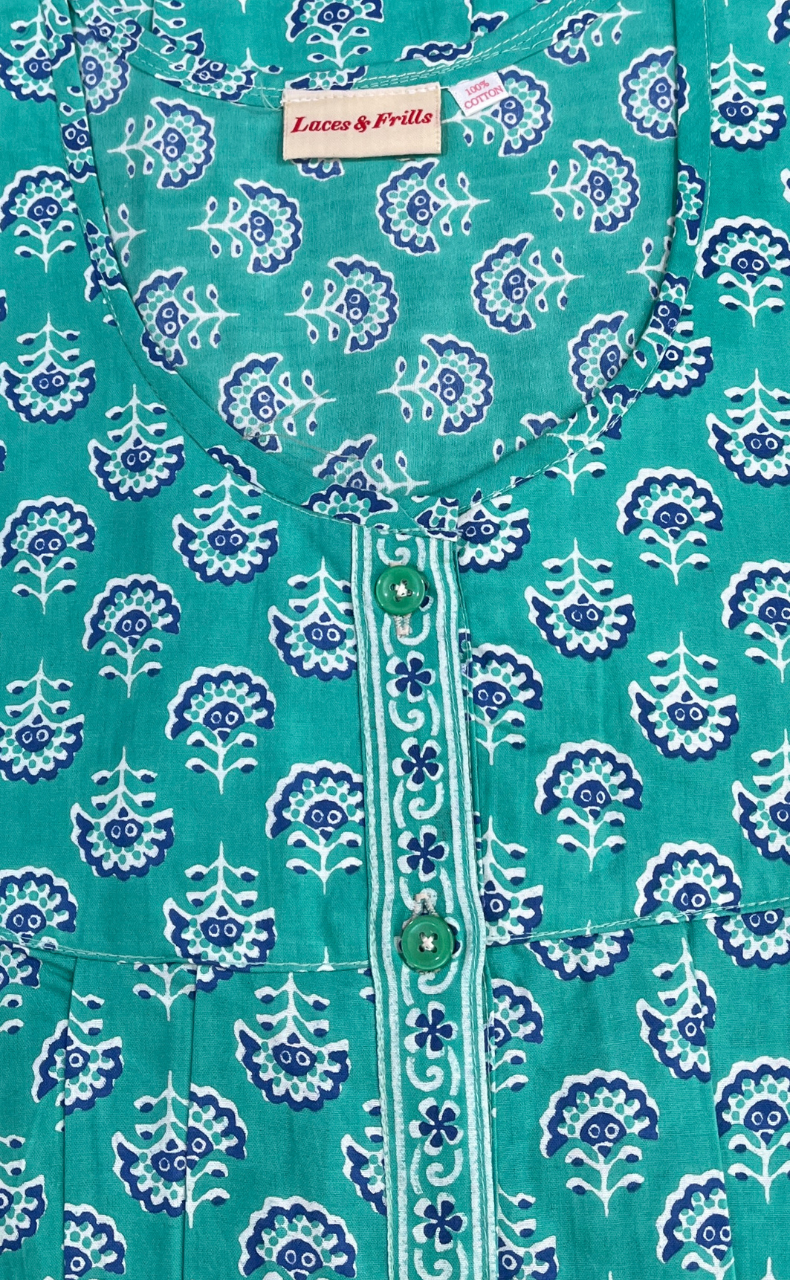 Sea Green Floral Full Open Pure Cotton Nighty. Pure Cotton | Laces and Frills