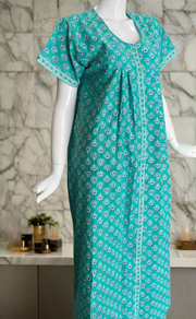 Sea Green Floral Full Open Pure Cotton Nighty. Pure Cotton | Laces and Frills