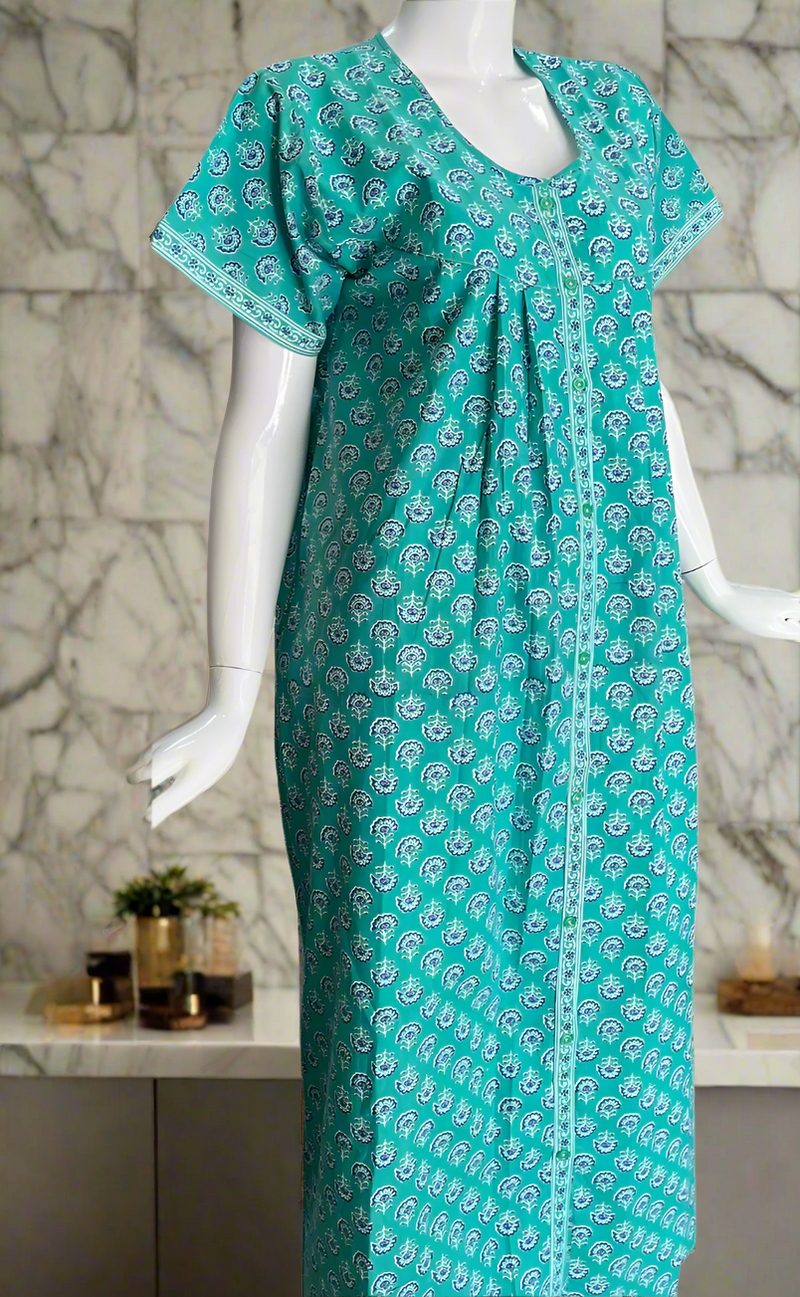 Sea Green Floral Full Open Pure Cotton Nighty. Pure Cotton | Laces and Frills