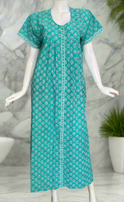 Sea Green Floral Full Open Pure Cotton Nighty. Pure Cotton | Laces and Frills